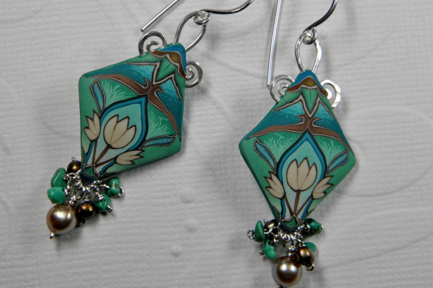 Art Nouveau Millefiori Polymer Clay and Gemstone Dangle Earrings