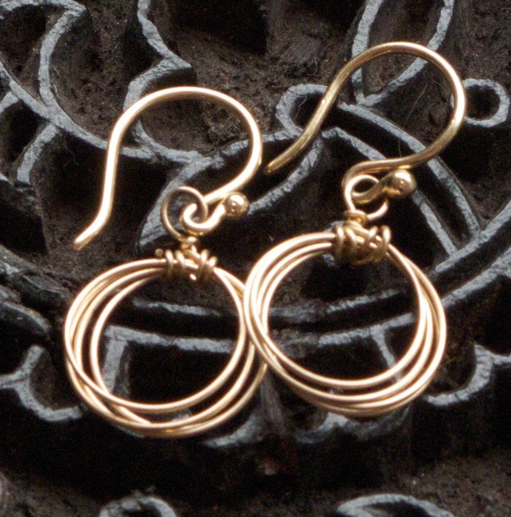 Gold Hoop Earrings Handmade Wire Wrapped Dangle, Petite (Gold-Filled)