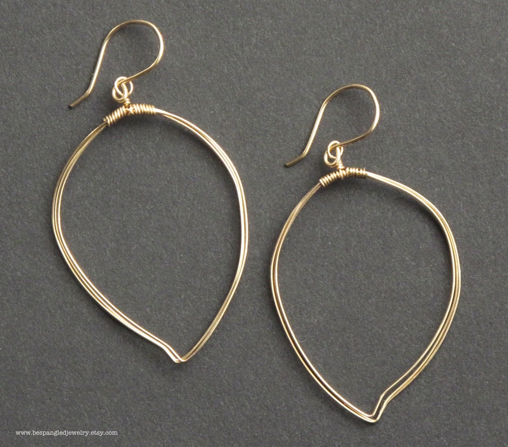Medium Leaf Shaped Gold Wire Wrapped Hoop Earrings--14k Gold Fill