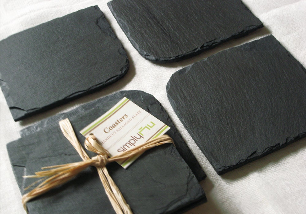 SET of 4 Salvaged SLATE COASTERS with Eco-Backing - Father's Day Gift, Housewarming & Wedding Gift