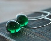 Emerald Green Czech Glass Teardrops Suspended on Handmade Sterling Silver Hoops - Forest Rain Hoop Earrings