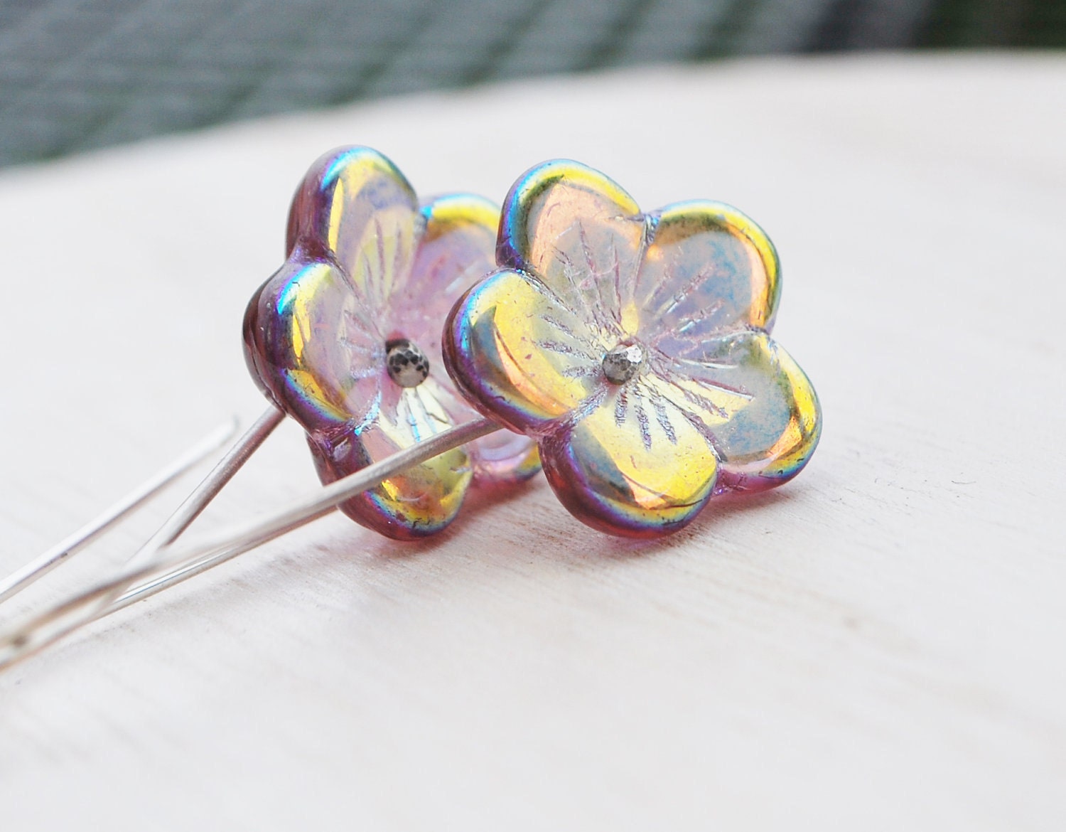 Mystic Pink and Lavender Poppy Earrings- Czech Glass Flower on Hand formed Sterling Silver Elongated Earwires