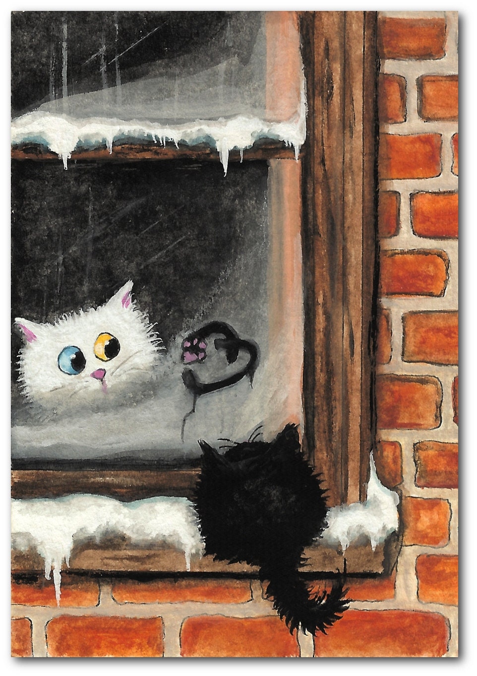 No Words Needed - White Persian Black Stray Cat Valentine Heart ArT -  5x7 Print of Original Painting by AmyLyn Bihrle