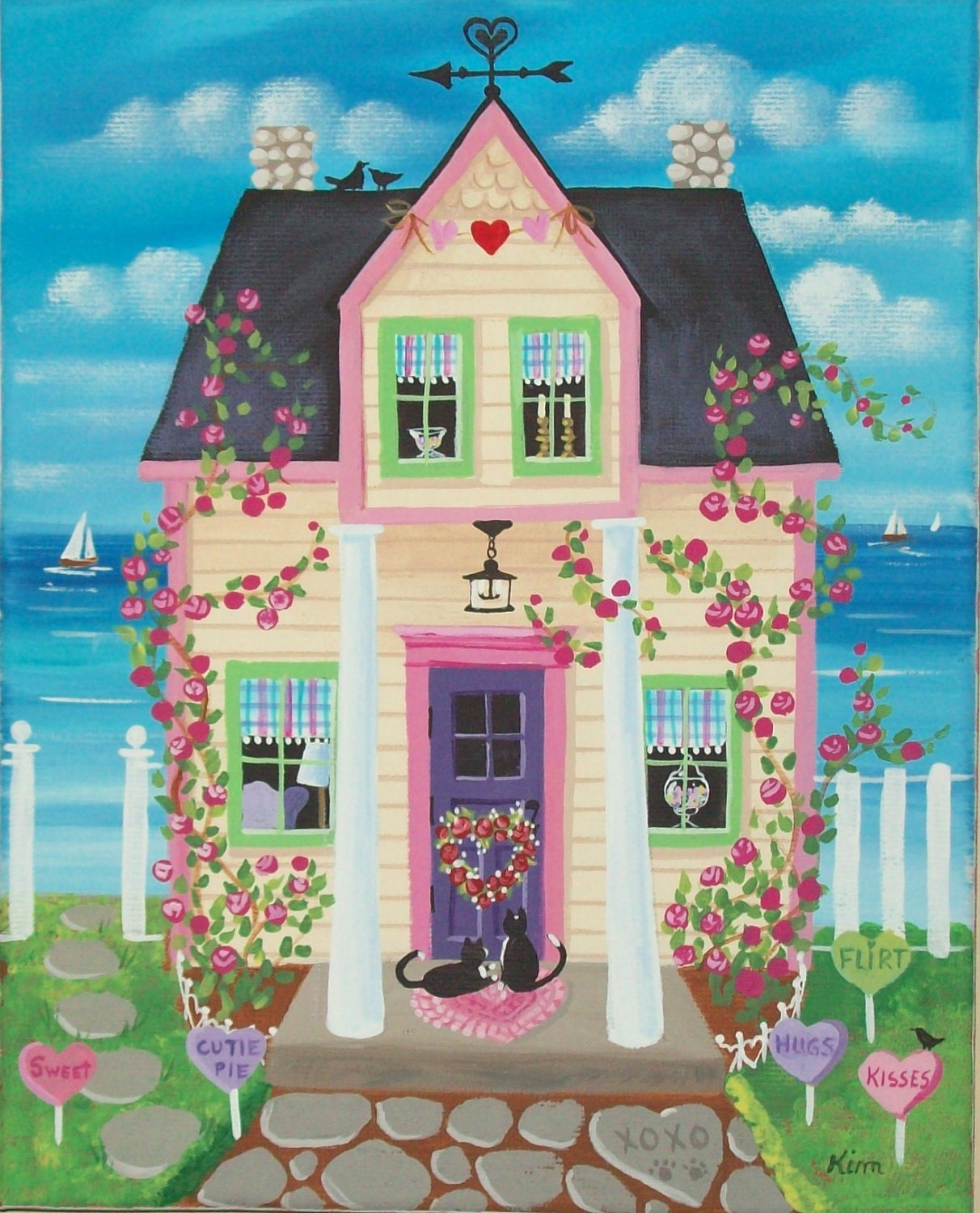 Candy Hearts Cottage Folk Art Print