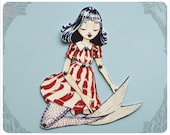 Articulated Mermaid Paper Doll handmade by the Filigree - Red White blue Stripe