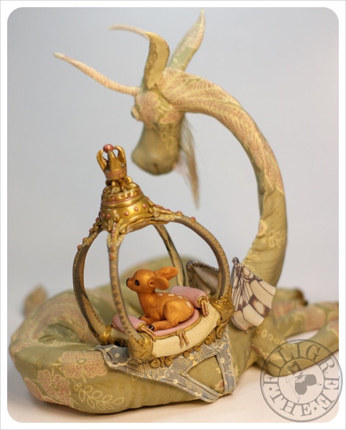 Dragon Sculpture with Deer - ooak art doll by the Filigree
