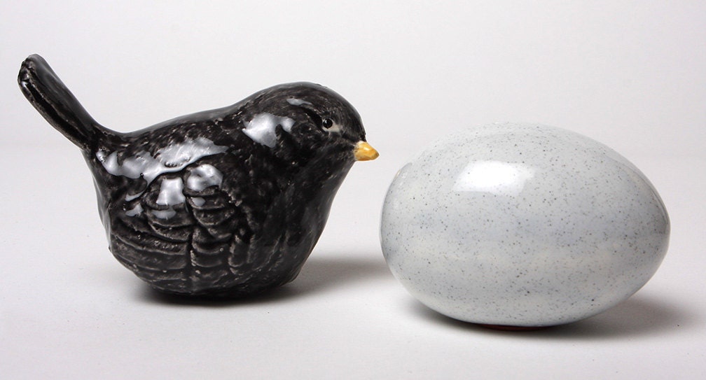 Black Bird with Egg Salt and Pepper Shakers Glazed Ceramic