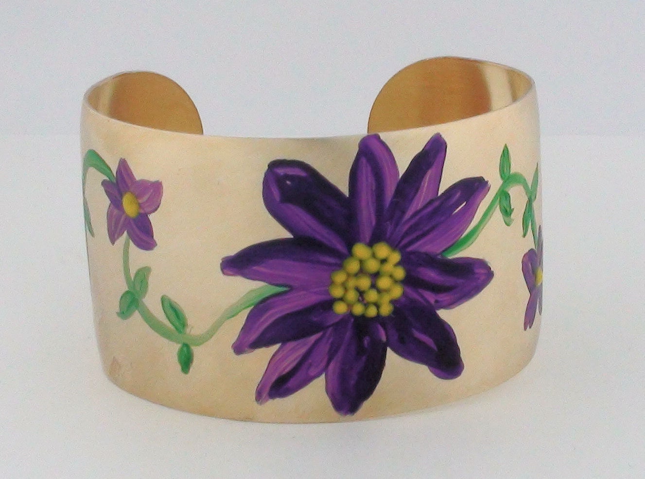 Hand Painted Purple Flower Floral Brushed Wide Brass Cuff Bracelet