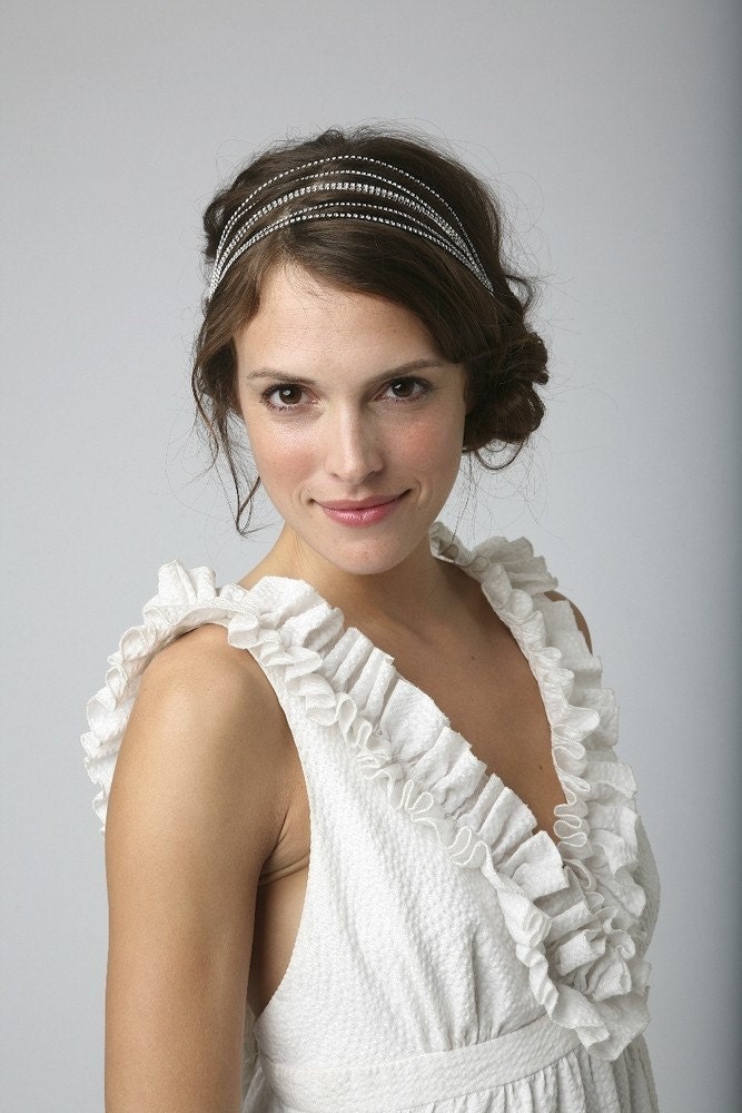 SANDRINE - Grecian Headband, Rhinestone Headband, Crystal Rhinestone Double Strand Bridal Tiara, Bridal Headband, Halo, Tie on, Headpiece
