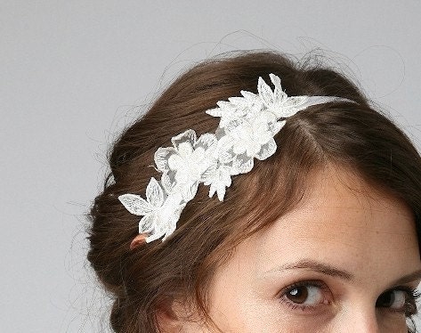 Vintage lace trim bridal headband on off white silk ribbon ties