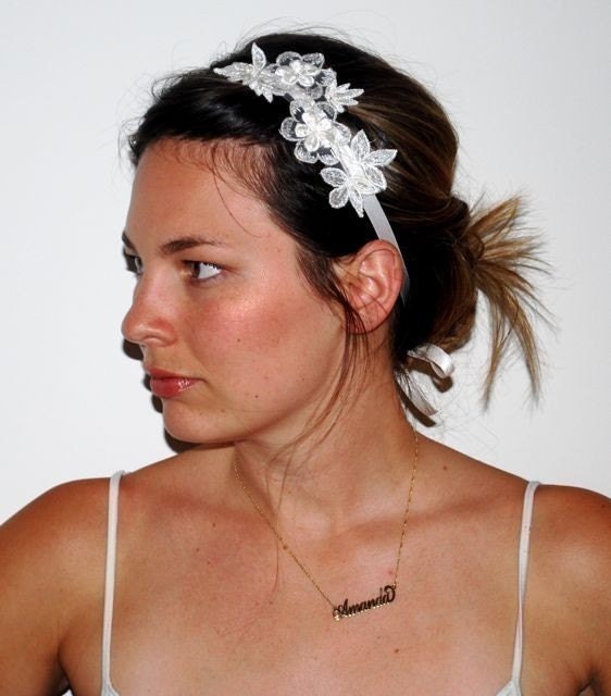 Vintage lace trim bridal headband on off white silk ribbon ties