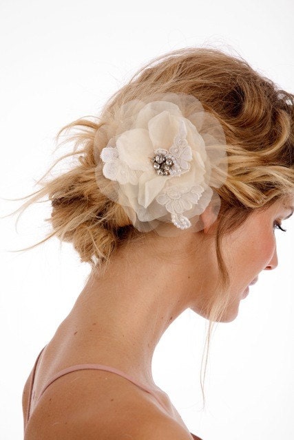 051 - JULIA- Lace and Rhinestone Embellished Rose, flower, bridal, hair, fascinator, headpiece, clip