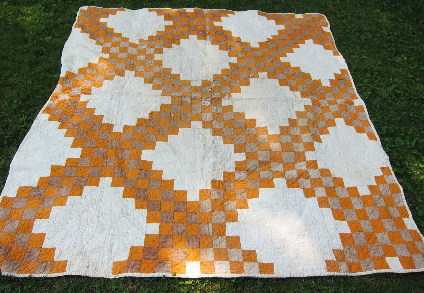 Primitive antique quilt  1800s Irish Chain cheddar and tan
