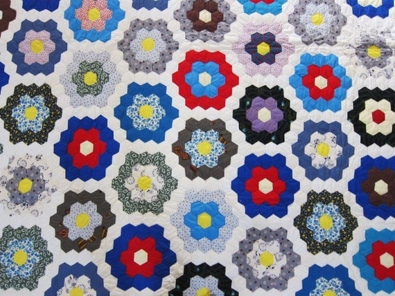 Vintage,  antique quilt,  30s 40s,  Grandmothers Garden, hexagons,  vivid and fresh