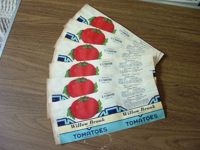 Vintage paper can labels, Willow Brook Tomatoes, Luray, VA...FREE SHIPPING