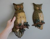 Owl Wall Hangings, Metal, retro Avocado Green, Yellow,  SET of 2