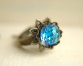 Vivid Blue Disco Ball Swarovski Crystal Adjustable Ring - Blue Lotus.