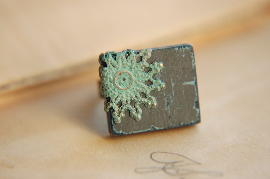 Charcoal Grey Patina Filigree Cottage Chic Adjustable Ring - Denim.
