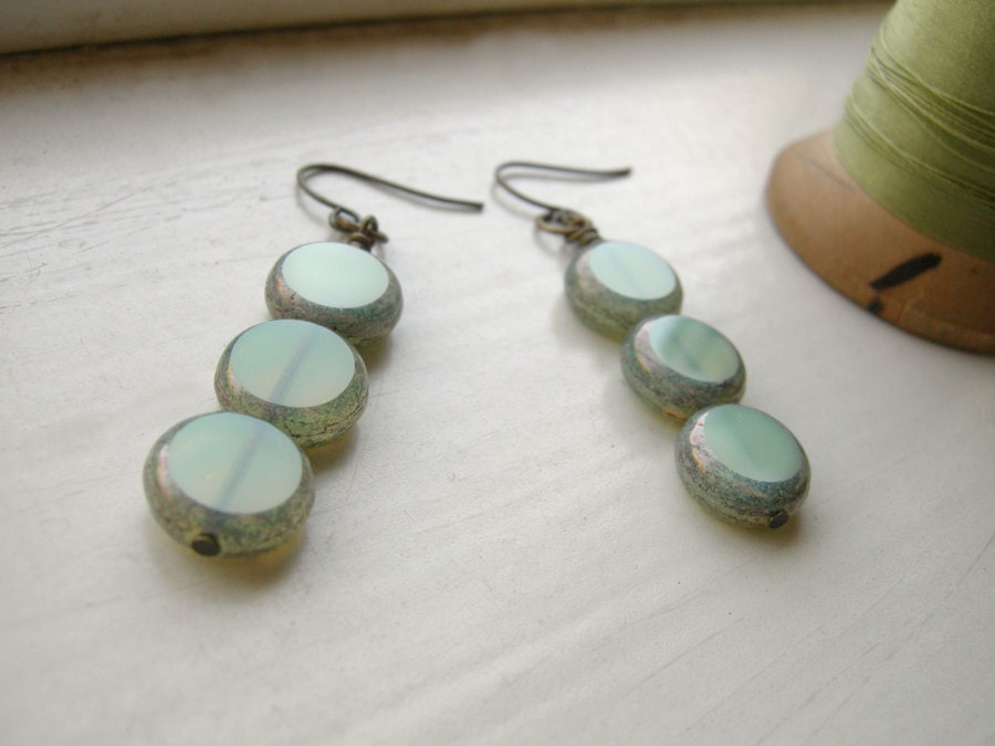 Mint Green Czech Glass Dangle Earrings on Antiqued Brass - The Submersible