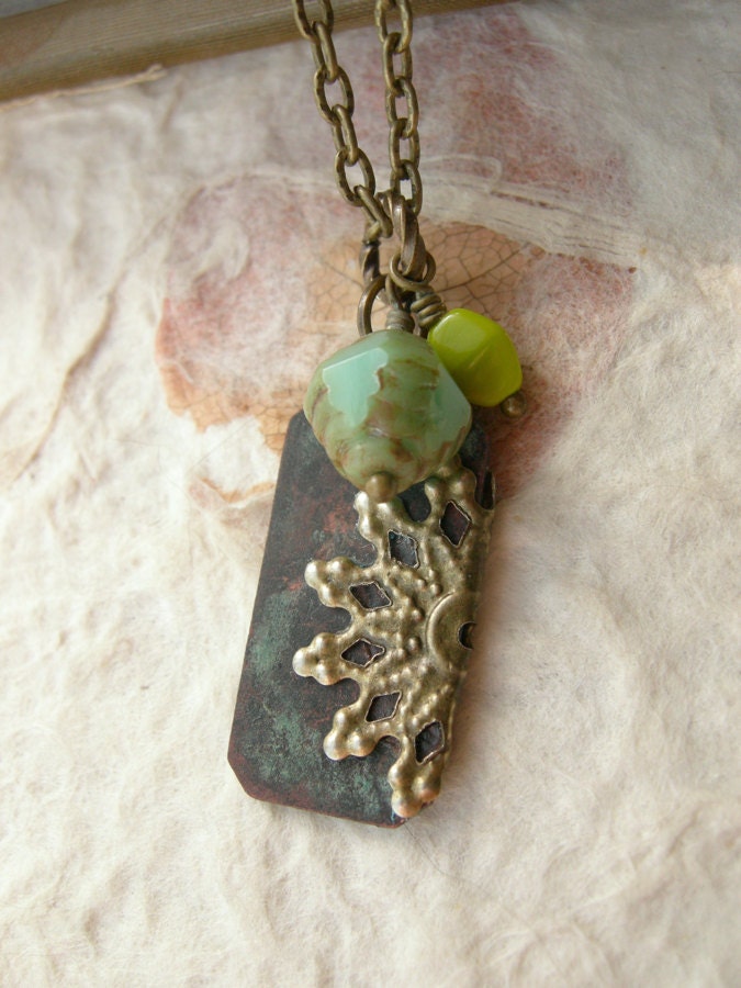 Filigree and Patina Tag Pendant with Czech Glass Necklace - The Palisades.