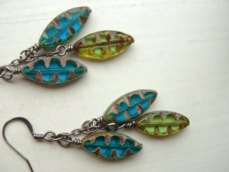 Boho Chic Teal and Green Etched Czech Glass Dangle Earrings - Rainforest