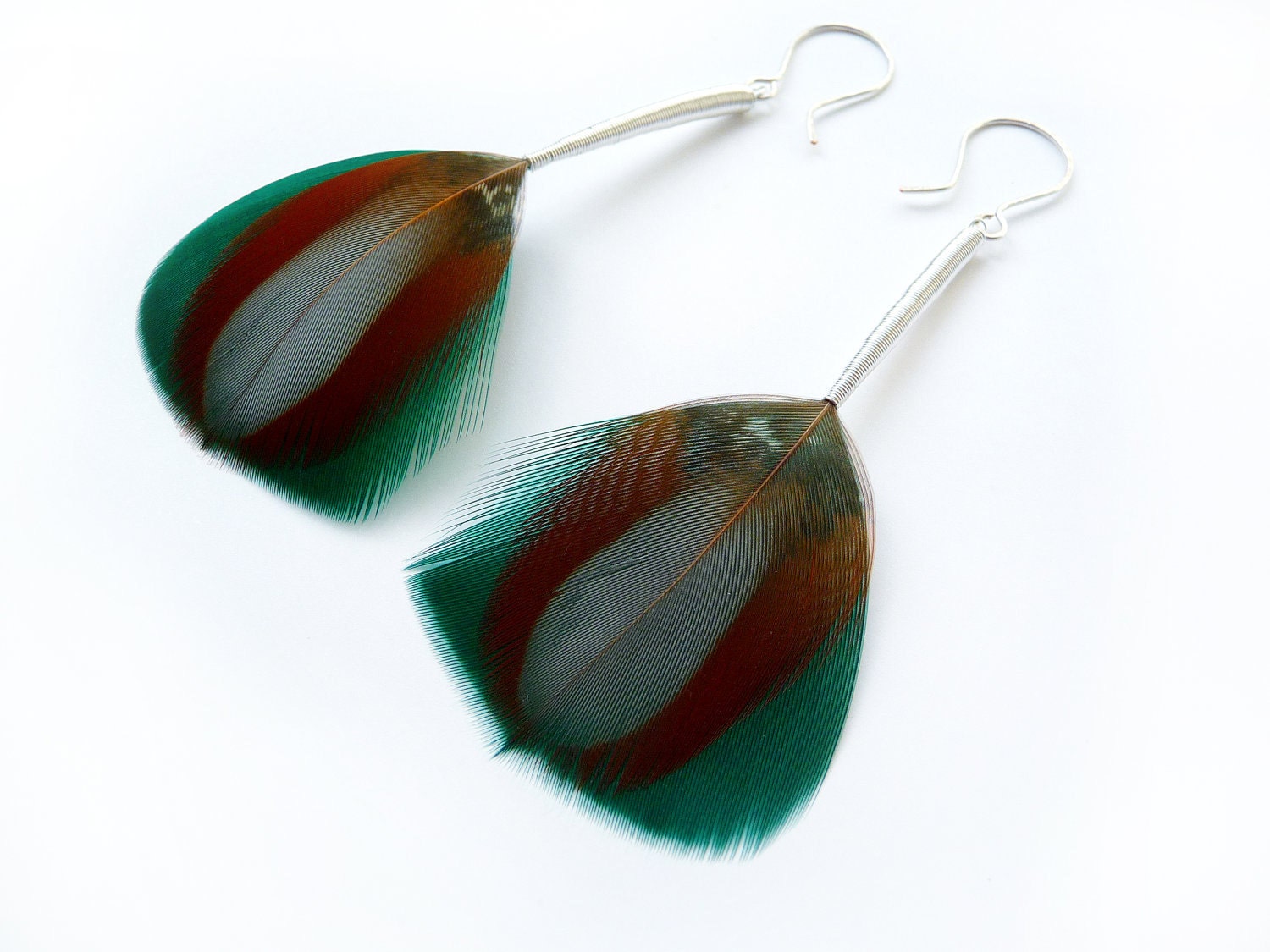 Elegant Feather Earrings in Burnt Orange, Teal and Grey with Long Silver Stems