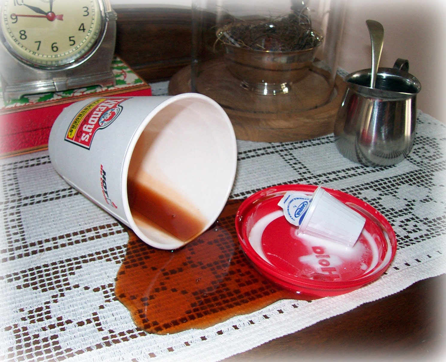 Fake Spilled Cup Black Coffee and Creamer Fun Prop Gag