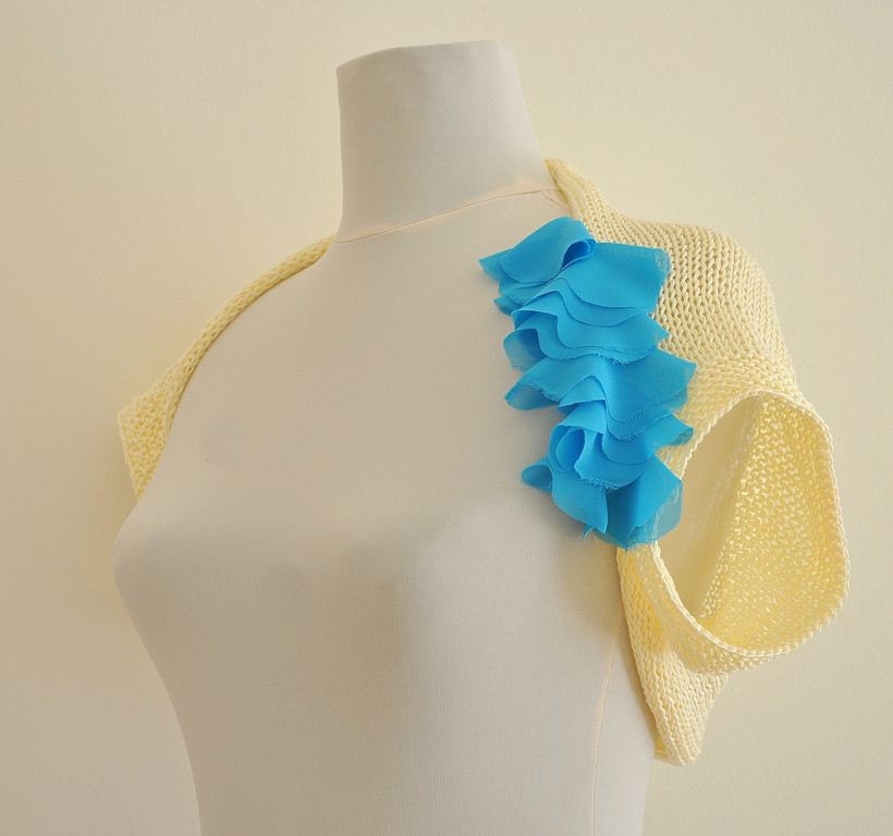Cotton Shrug Bolero Bridal Sweater Bridal Shrug Bolero Cream Ivory Candle Blue Hand Knit Eco Friendly Spring Summer