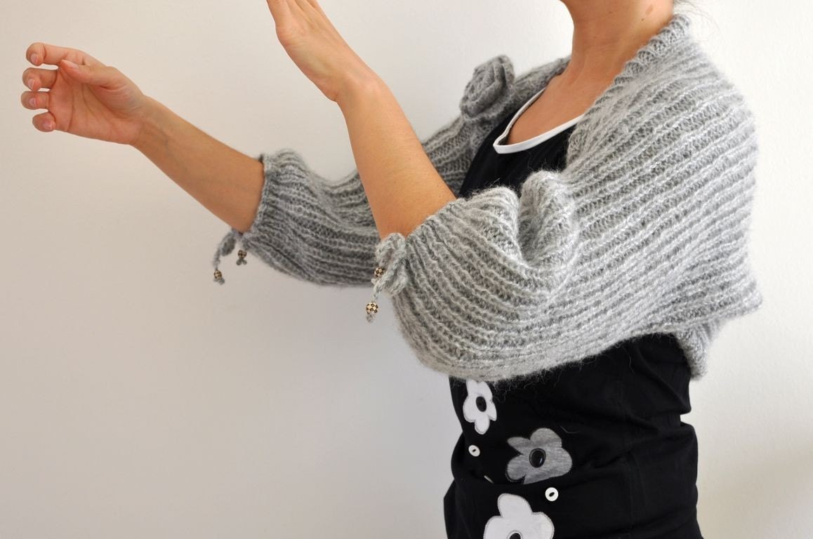Shrug Bolero Gray Sweater Cardigan Cozy Warm Hand Knit Grey Platinum MADE TO ORDER