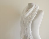 White Scarf Shawl Cowl with Fringe Hand Knit Triangle Soft Pure Snow Blanc Weddings Bridal Accessories