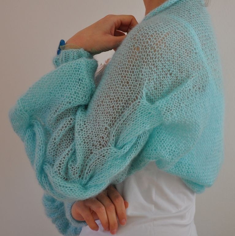 Shrug Bolero Bridal Shrug Hand Knit Aqua Cable Mohair MADE TO ORDER