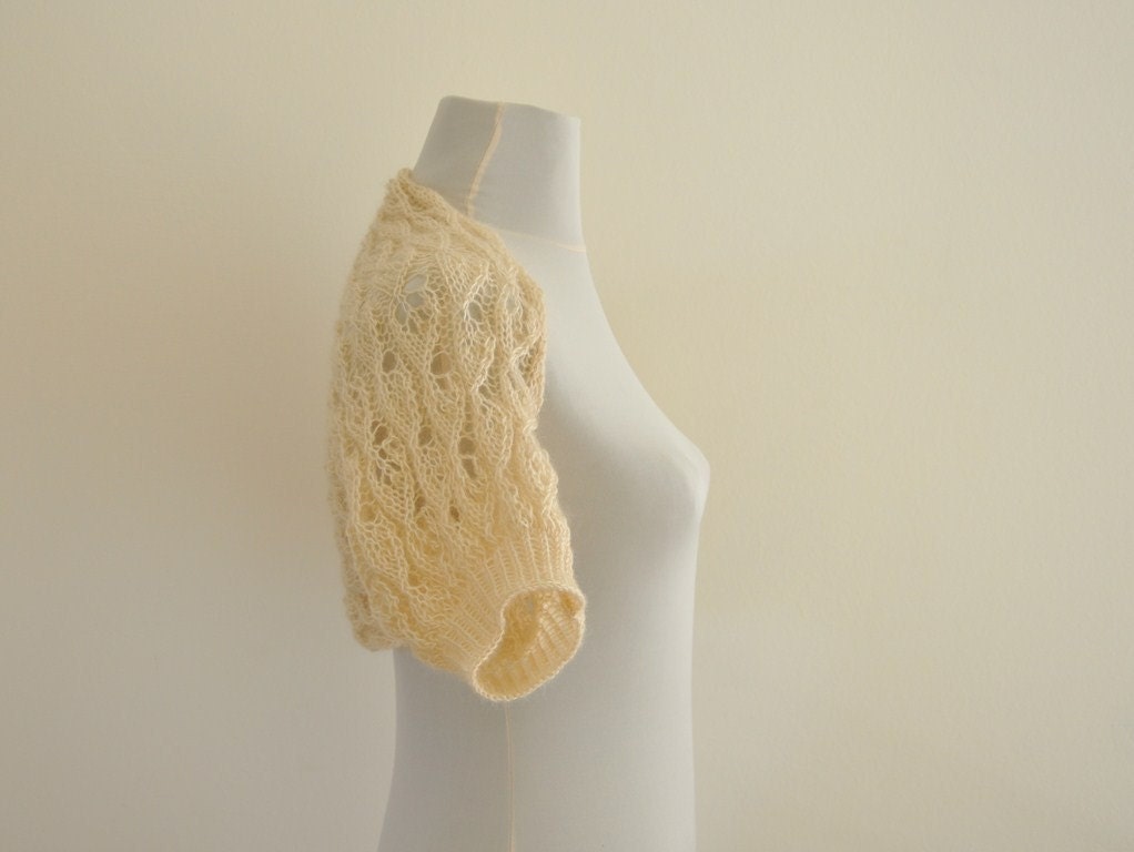 Lace Mohair Bridal Shrug Bolero Delicate Hand Knit Beige Bone Earth Tones Natural MADE TO ORDER