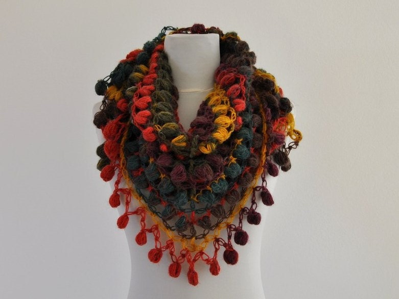 Crochet Shawl Soft Warm Red Yellow Blue Green Purple Triangle Mohair Multicolor
