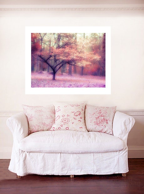 Nature Photography, Dreamy Spring Woodlands Landscape, Pink, Purple, Orange, Fine Art Fantasy Tree Nature Photo 9" x 12"