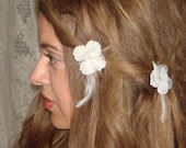 White Flower, Accessories, Bridal, Accessories, White Feathers, Hair, Rhinestone, Ivory flowers, Bobby Pins- CLOUD, set of three