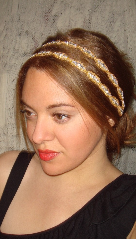 Rhinestone Headband- ATHENA GOLD, Headband, Halo Headband, Accessories,Tie on, halo headband, hair accessories, gold, satin, double strand