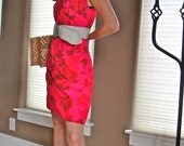 Vintage 1960s Jackie O fuchsia pink floral spring summer silk shift cocktail dress