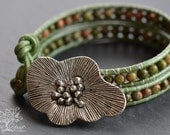 Apple Blossom Beaded Unakite Stone Leather Wrap Bracelet (MTO)