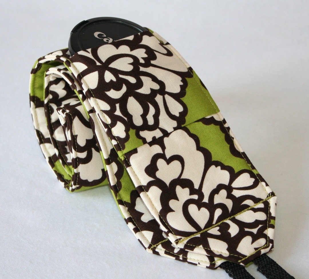 Ready to ship monogramming not available Wide Camera Strap for DSL camera grass green, brown and cream floral with lens cap pocket