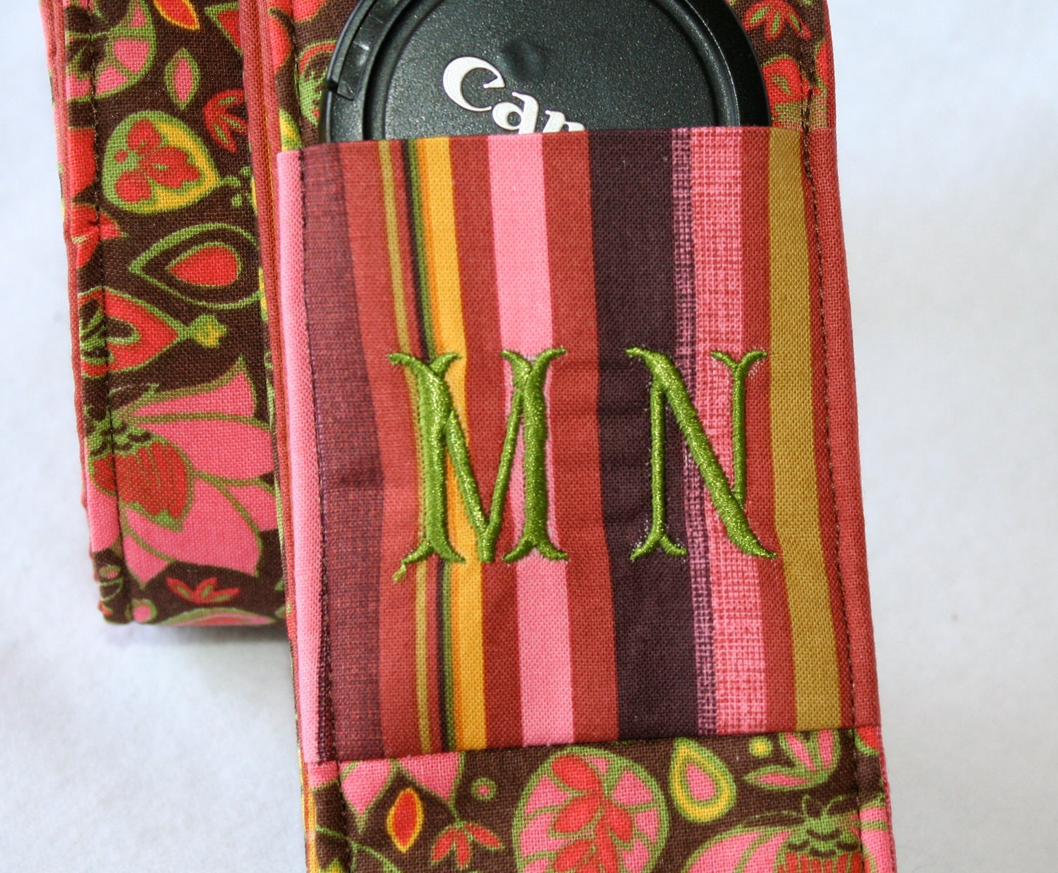 Monogramming included Wide Camera Strap for DSL camera Brown, pink  green floral with stripe reverse and lens cap pocket
