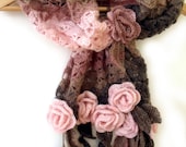 Crochet scarf with freeform 3D flowers and leaves. Prayer shawl. Mothers Day gift