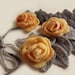 Freeform crochet lariat scarf necklace 3D flowers and leaves yellow peach gray grey
