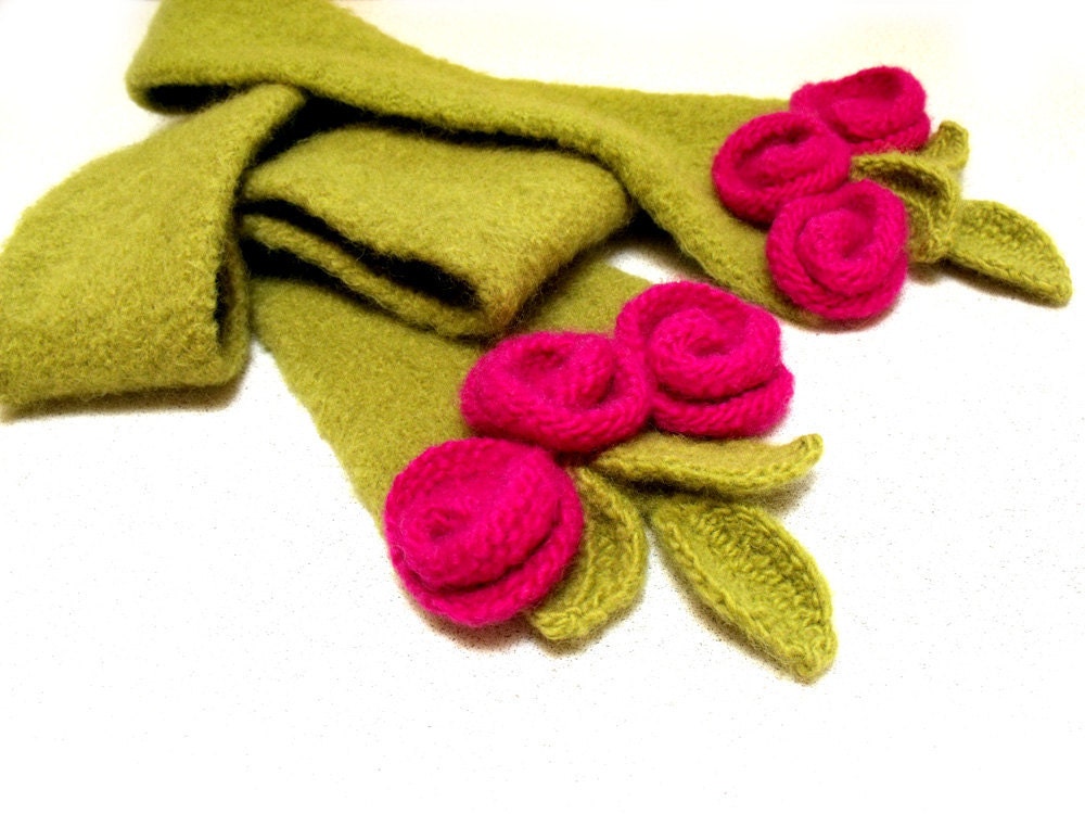 Knit felt scarf with flowers and leaves winter warm scarf
