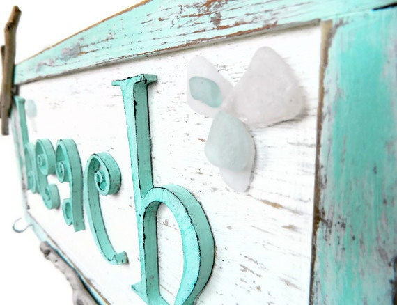 Sea Breeze vintage Beach Sign Handmade Coastal Chic Wall Hanging With Hooks and Vase Summer SALE