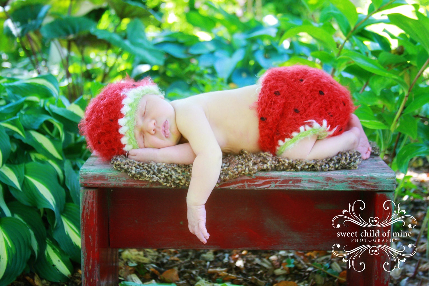 Stella Bs Watermelon Hat & Diaper Cover Set in Red, Newborn, Photography Prop