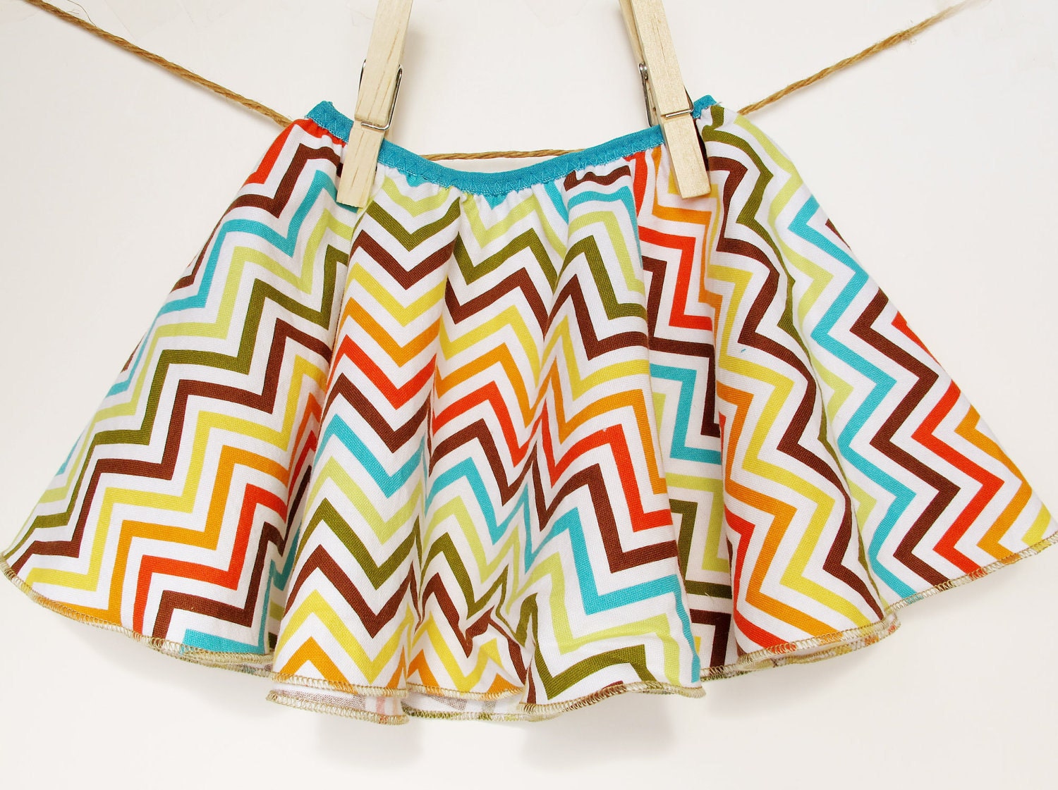 SALE - Chevron Love  - Twirly Circle Skirt   - Chevron, Zig Zag Stripes in Blue, Brown, Green, Orange and Yellow  - by bitty bambu