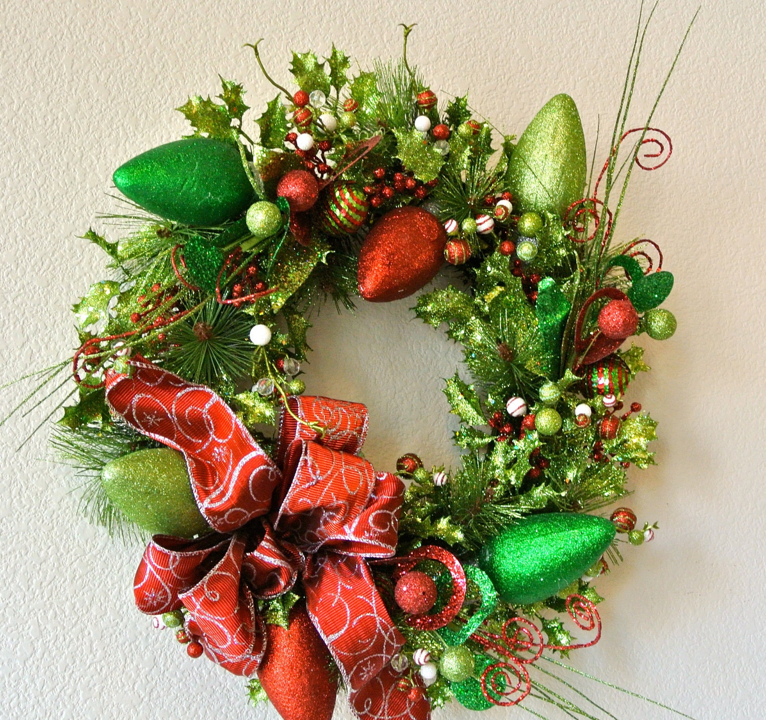 Glittery Christmas Wreath With Red and Silver Bow - 4allseasons