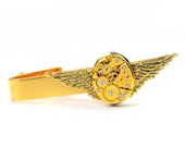Steampunk  Vintage Gold Bulova Watch Angel Wing Tie Bar Alligator Clip