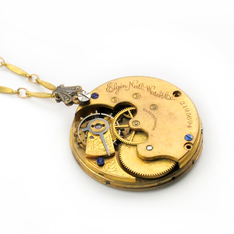 Antique 1886 Elgin Pocket Watch Movement Steampunk Necklace