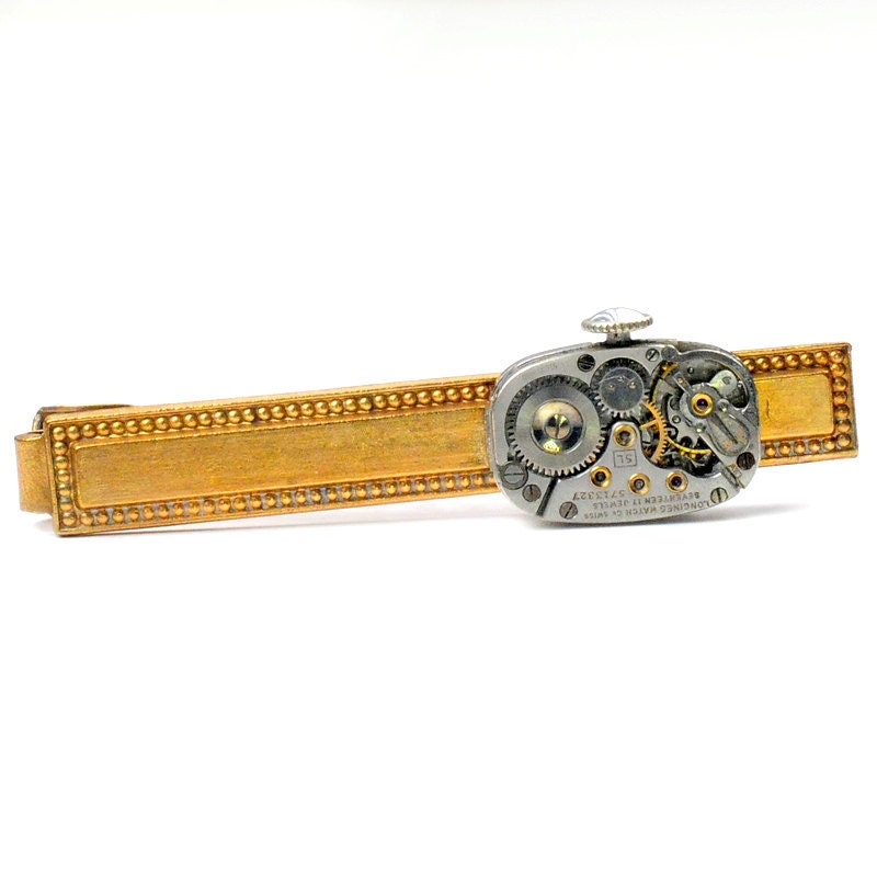 Steampunk Pre 1937 Longines Watch Movement Brass Tie Bar Alligator Clip